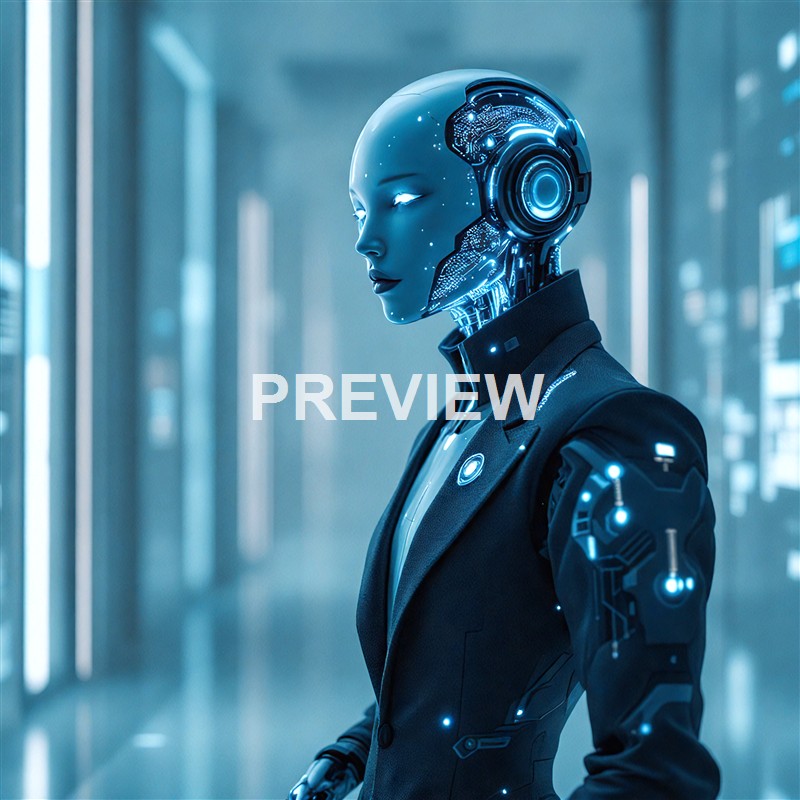 A futuristic humanoid robot with a sleek, illuminated face and digital circuitry visible on its head and neck, dressed in a formal black suit, standing in a high-tech corridor.